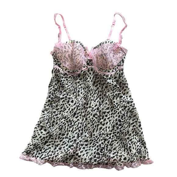 La SENZA Dresses & Skirts - Y2K or Gyaru La Senza Cheetah Print and Pink Lace Trim Mesh Slip Mini Dress